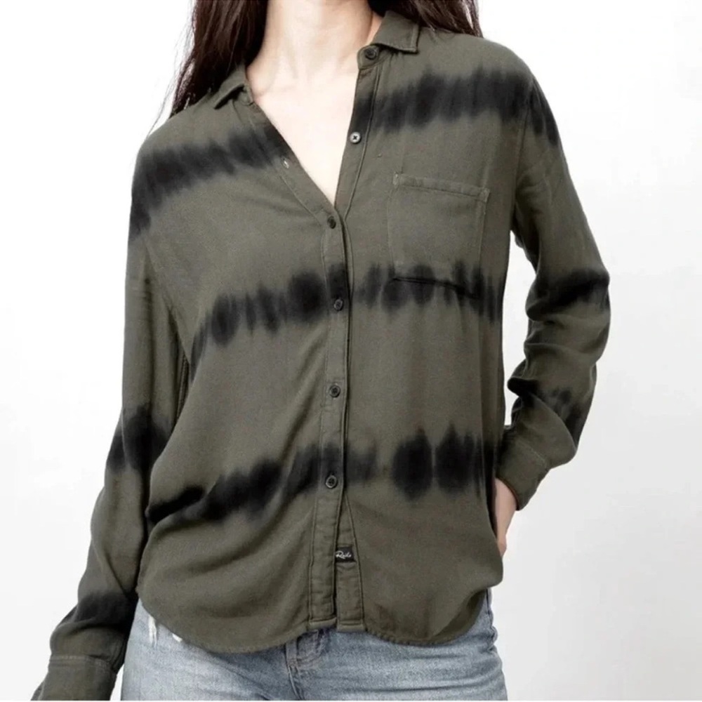 RAILS Women’s Hunter Blouse Olive Green and Black Striped Tie Dye Size Small